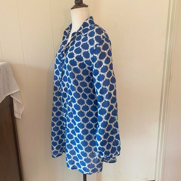 Blue & White Patterned Blouse - Vintage Ibizq - Sz M - Picture 4 of 7